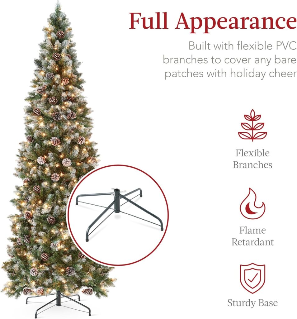 Best Choice Products 6ft Pre-lit Pencil Christmas Tree, Partially Flocked  Frosted Slim Holiday Tree Decoration, Skinny Xmas Tree, 250 Lights, 618 Frosted Tips, 50 Pine Cones, Foldable Stand