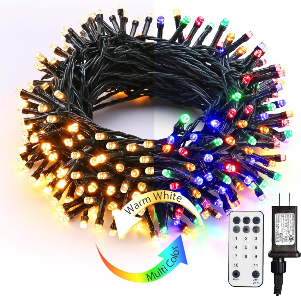 Brizled Christmas Lights, 65.67ft 200 LED Color Changing Tree Lights 11-Function Warm White  Multicolor Christmas Lights, Connectable 24V Safe Adapter Remote Decorative Lights String for Xmas Party