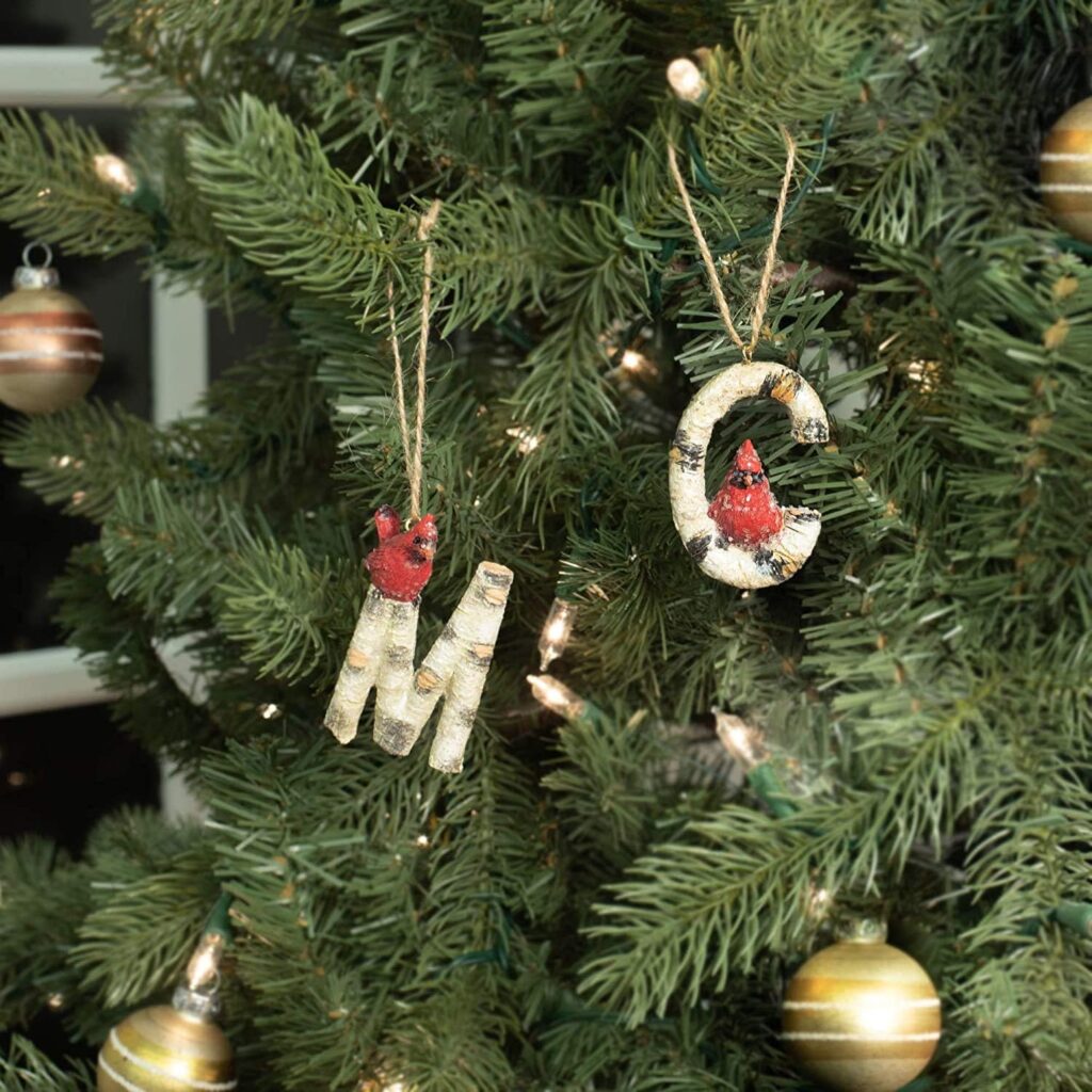 Cardinal Initial Christmas Tree Ornament Letter with Cardinal Birds on Birch Christmas Tree Decorations-Keepsake for Family (Letter D)