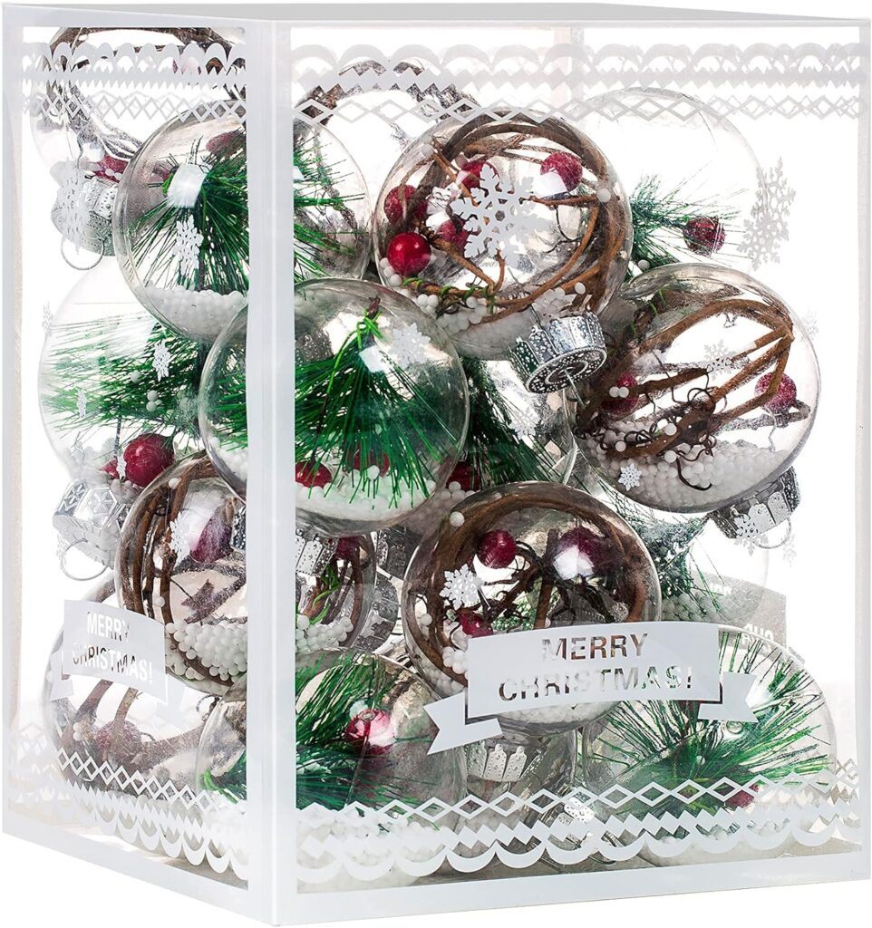 Christmas Ornaments Ball Set-Shatterproof Clear Plastic Decorative Baubles for Xmas Tree House Holiday Wedding Party Decoration,19Pcs (Pine Needle)