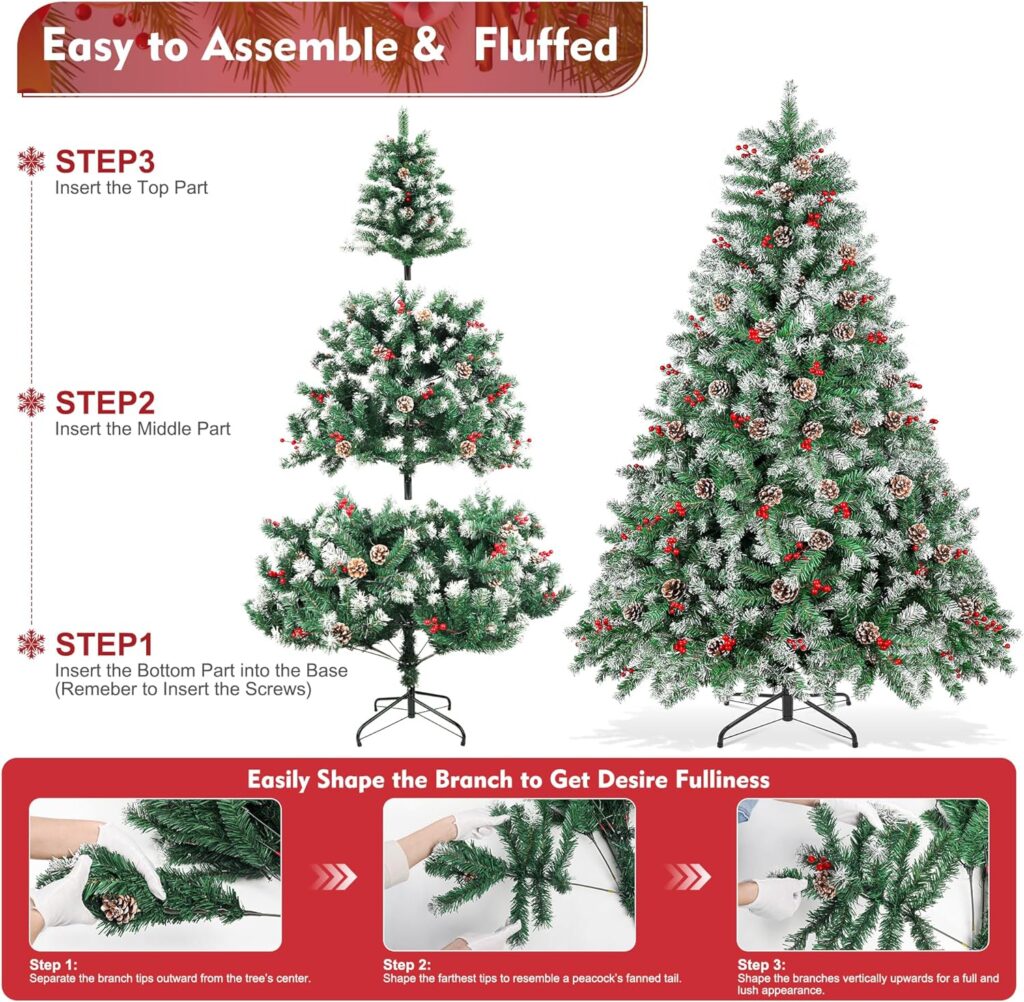 Christmas Tree 6ft Snow Flocked Pre-Decorated Artificial Holiday Xmas Trees Hinged w/ 800 Frosted Branch Tip, 54 Pine Cones, 54 Berries with Metal Stand for Home Office Party Decoration by Choiana