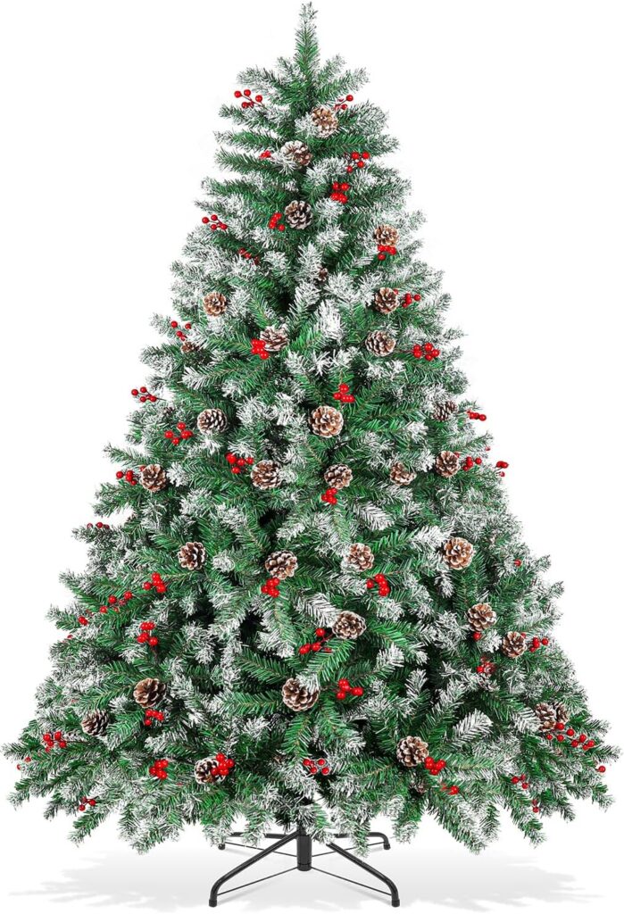 Christmas Tree 6ft Snow Flocked Pre-Decorated Artificial Holiday Xmas Trees Hinged w/ 800 Frosted Branch Tip, 54 Pine Cones, 54 Berries with Metal Stand for Home Office Party Decoration by Choiana