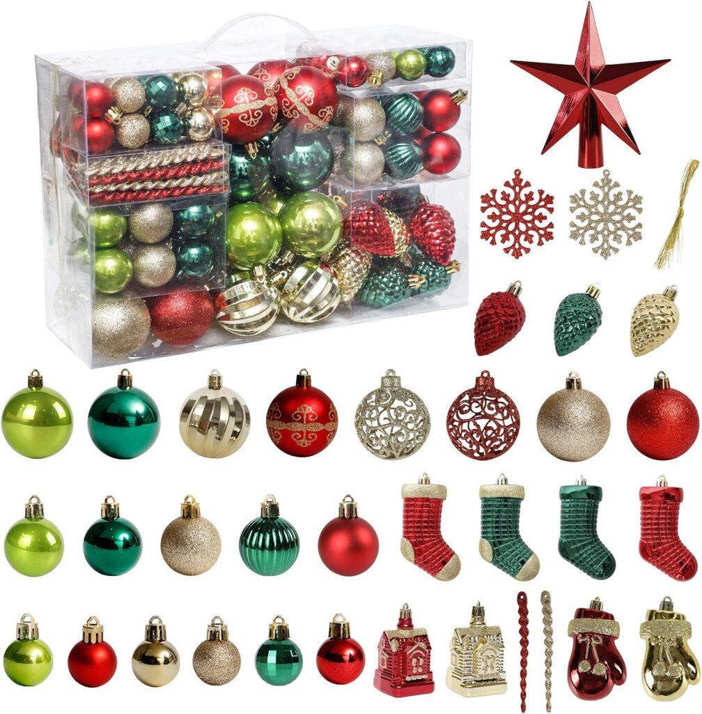 Christmas Tree Ornament, 132pcs Christmas Tree Decoration Set Red Green Gold Christmas Ball Shatterproof Hanging Tree Ornament Assortment Set