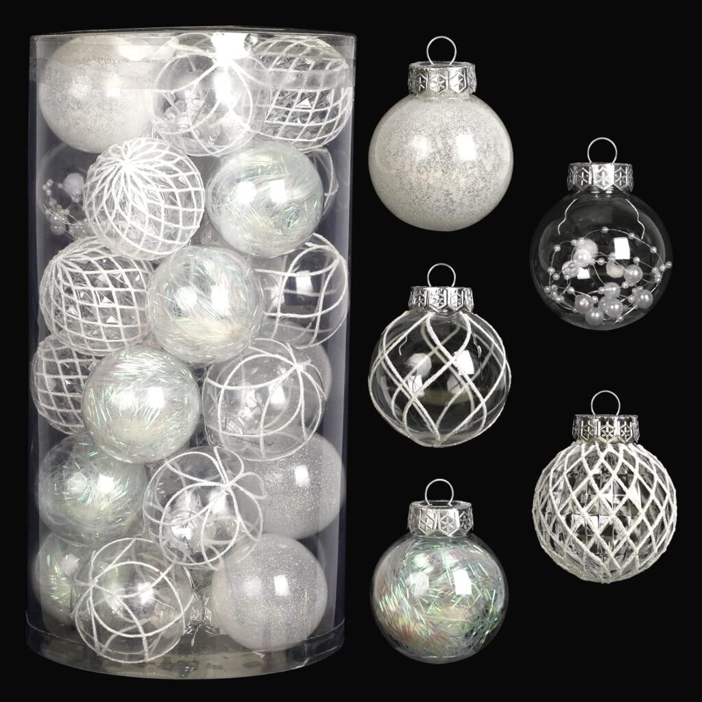 Clear Christmas Ball Ornaments, 30ct 2.36 Inch White Christmas Ornaments Balls for Christmas Tree with Delicate Stuff Shatterproof Hanging Xmas Tree Baubles Decorations for Wedding Christmas