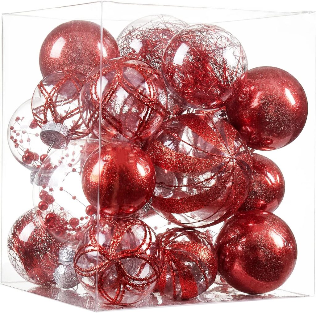 Clear Christmas Ball Ornaments,24ct Shatterproof Plastic Decorative Christmas Ornaments Hanging Xmas Tree Baubles Set with Stuffed Delicate Glittering Decorations for Holiday Party Home Decor (Red)