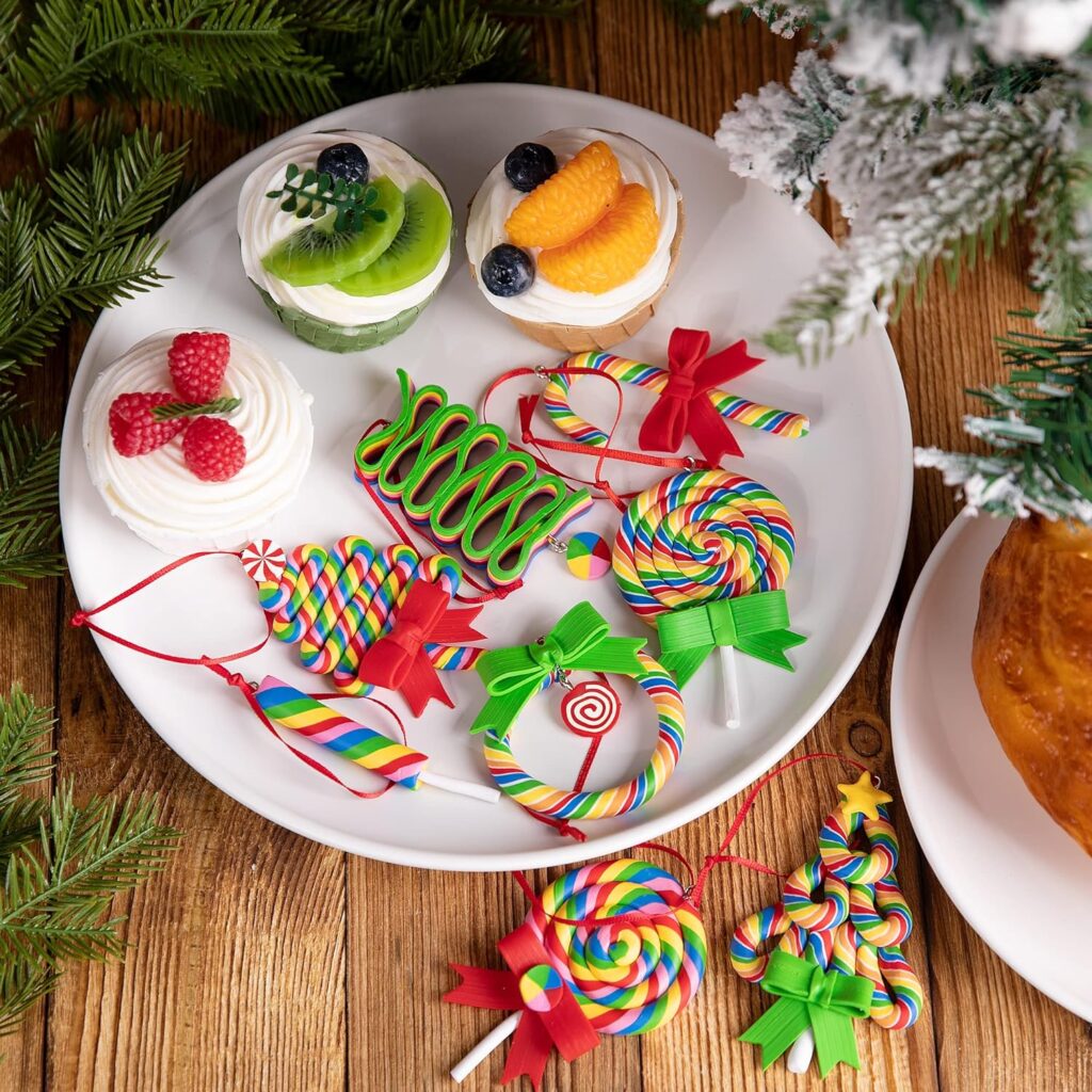 codree 8 PCS Christmas Lollipop Ornaments-Rainbow Lollipop Hanging Ornaments-Christmas Candies Polymer Clay Ornament for Xmas Tree Party Decoration