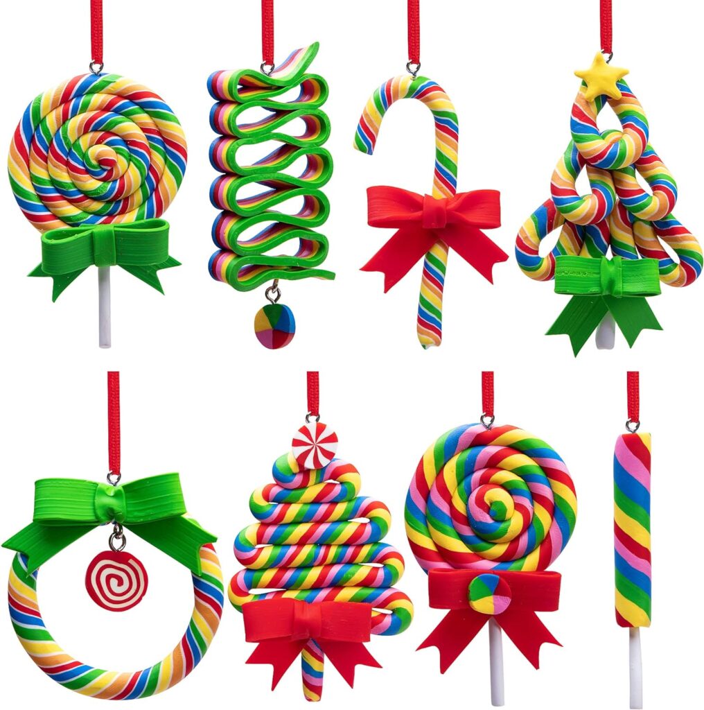 codree 8 PCS Christmas Lollipop Ornaments-Rainbow Lollipop Hanging Ornaments-Christmas Candies Polymer Clay Ornament for Xmas Tree Party Decoration