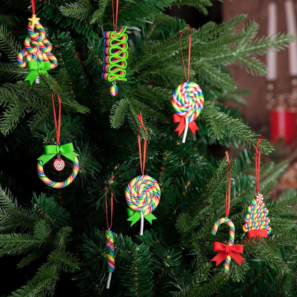 codree 8 PCS Christmas Lollipop Ornaments-Rainbow Lollipop Hanging Ornaments-Christmas Candies Polymer Clay Ornament for Xmas Tree Party Decoration