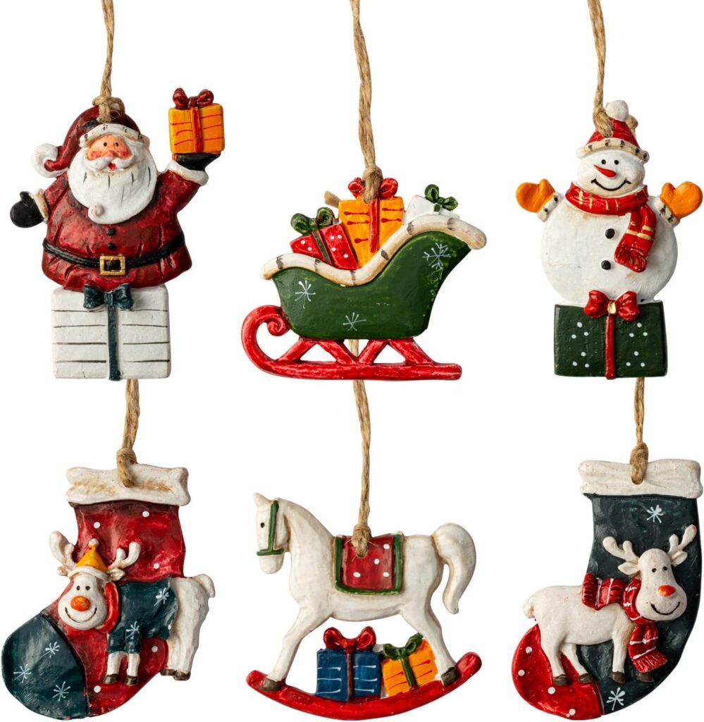 Crafjie Resin Christmas Tree Ornaments 6-Pack Xmas Hanging Ornaments Santa Snowman Christmas Stocking Sleigh Ornaments for Christmas Tree Holiday Decorations, Outdoor Holiday Home Decorations