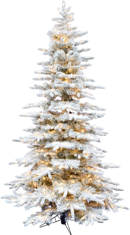 Fraser Hill Farm 9-Ft. Pre-Lit Mountain Pine Snow Flocked Artificial Christmas Tree with Stand |Tall  Foldable Heavily Flocked Christmas Tree with Realistic Foliage  White Incandescent Smart Lights