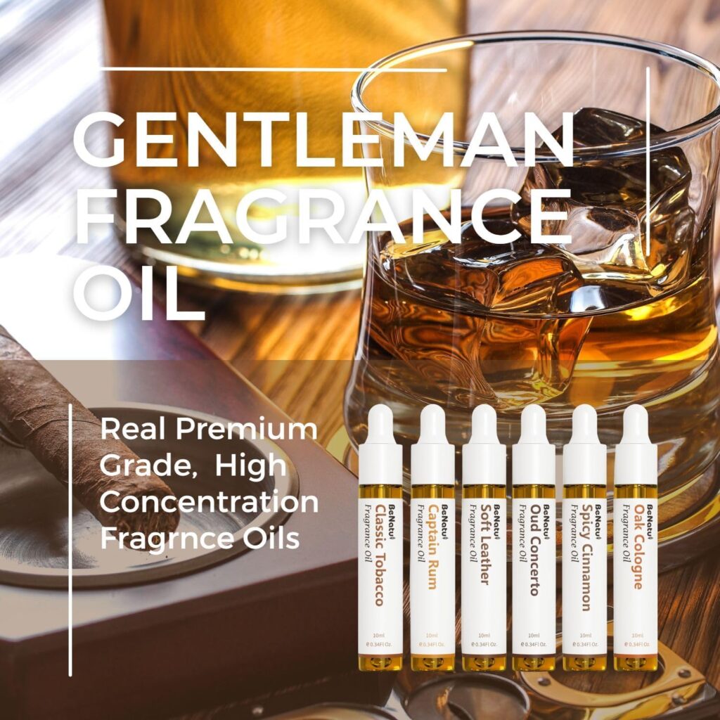 Gentleman Premium Fragrance Oils Set for Diffuser, Candle, Soap Making - Men Scents Aromatherapy Perfume Oil Gift for Home (Tobacco, Rum, Leather, Ebony, Spice Cinnamon, Oak Cologne) 6 Pcs