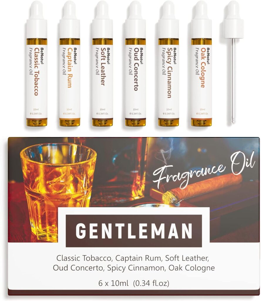 Gentleman Premium Fragrance Oils Set for Diffuser, Candle, Soap Making - Men Scents Aromatherapy Perfume Oil Gift for Home (Tobacco, Rum, Leather, Ebony, Spice Cinnamon, Oak Cologne) 6 Pcs