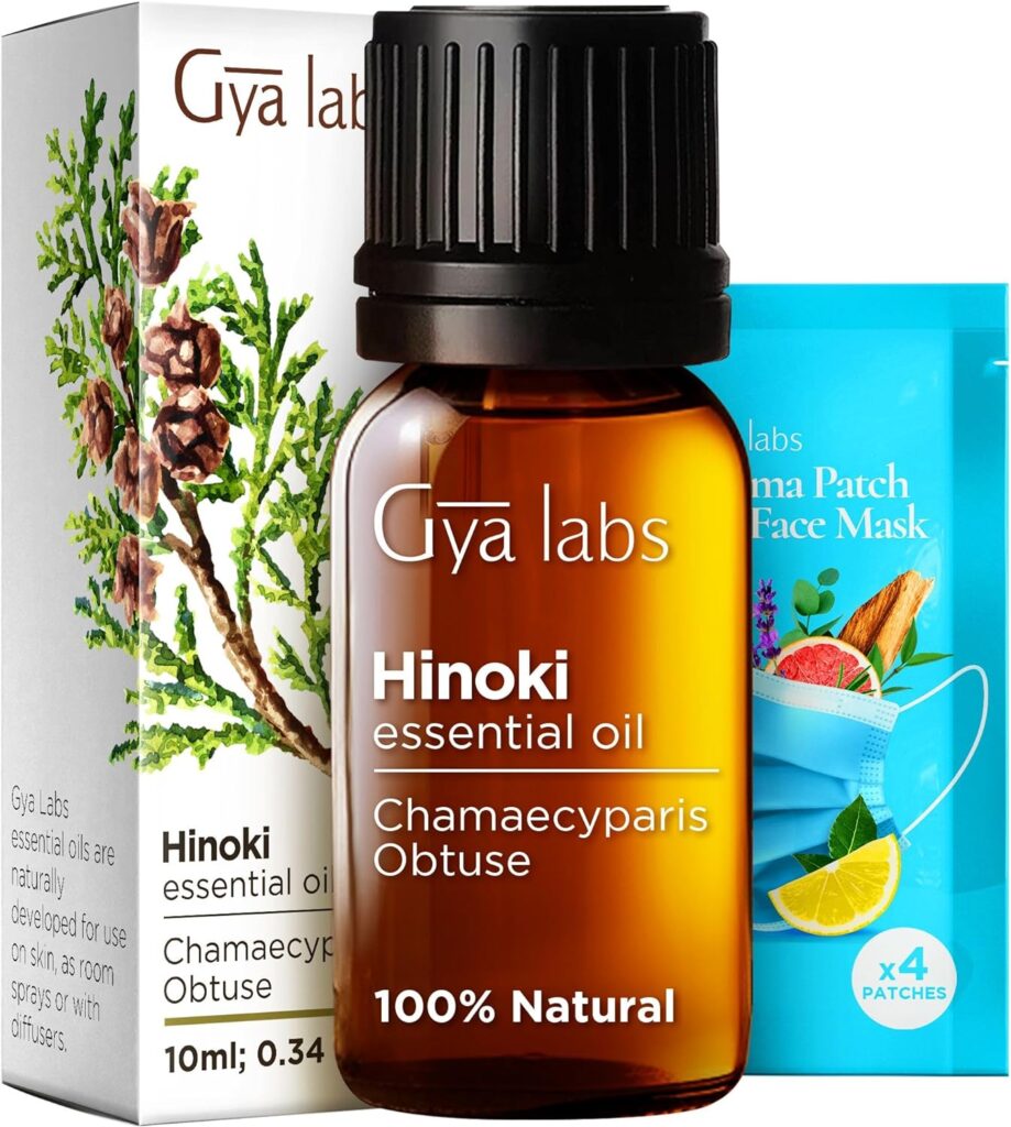 Gya Labs Hinoki Essential Oil for Skin - Hinoki Essential Oil for Diffusers Aromatherapy with Aroma Mask Patch - Hinoki Oil for Skin, Hair, Massage, Spray, Candles  Soaps - 100% Natural (0.34 Fl Oz)