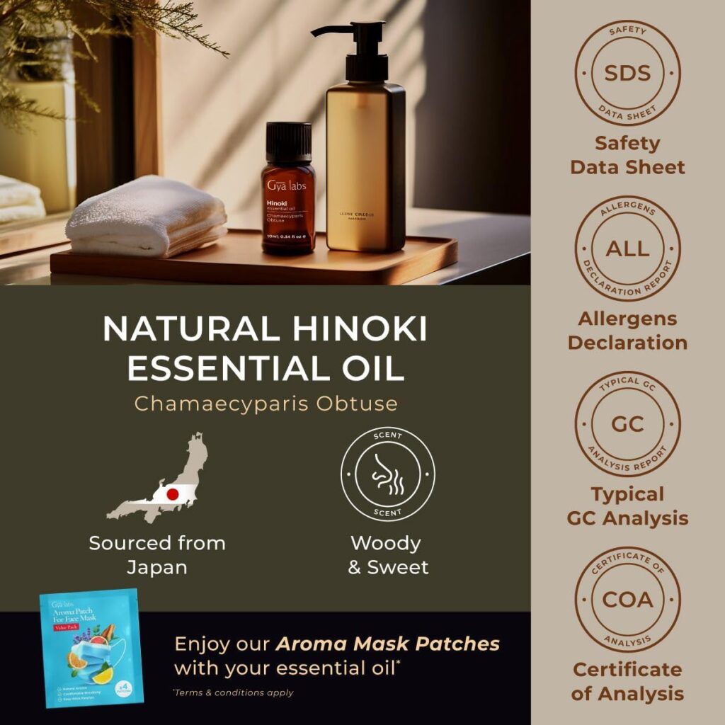 Gya Labs Hinoki Essential Oil for Skin - Hinoki Essential Oil for Diffusers Aromatherapy with Aroma Mask Patch - Hinoki Oil for Skin, Hair, Massage, Spray, Candles  Soaps - 100% Natural (0.34 Fl Oz)