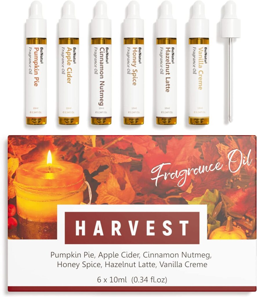 Harvest Premium Fragrance Oils Set for Diffuser, Candle, Soap Making - Autumn Bakery Scents Aromatherapy Perfume Oil Gift for Home (Pumpkin Pie, Apple, Cinnamon, Honey, Coffee, Vanilla) 6 Pcs