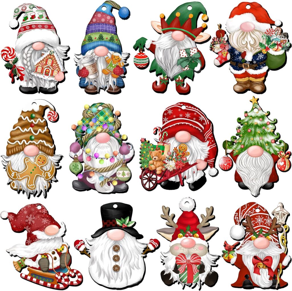 JOPHMO 24 Pieces Christmas Gnome Wooden Ornaments Wood Hanging Decorations for Christmas Tree Santa Clause Elf Hanging Wood Crafts Holiday Decor Xmas Party Supplies (Xmas-Gnomes-B)