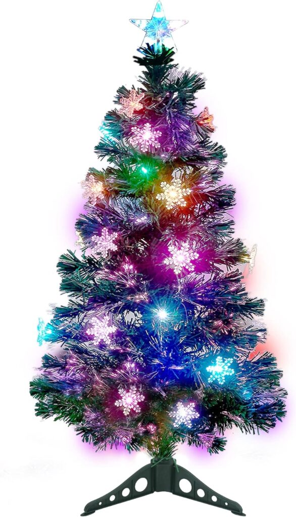 Juegoal 6 ft Pre-Lit Optical Fiber Christmas Artificial Tree, with LED RGB Color Changing Led Lights, Snowflakes and Top Star, Festive Party Holiday Fake Multicolored Xmas Tree with Durable Metal Legs