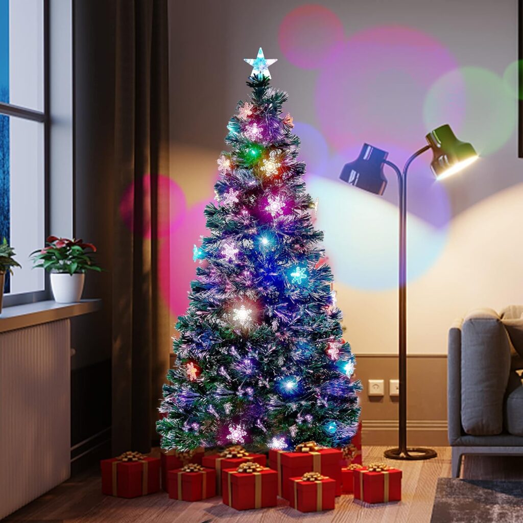 Juegoal 6 ft Pre-Lit Optical Fiber Christmas Artificial Tree, with LED RGB Color Changing Led Lights, Snowflakes and Top Star, Festive Party Holiday Fake Multicolored Xmas Tree with Durable Metal Legs