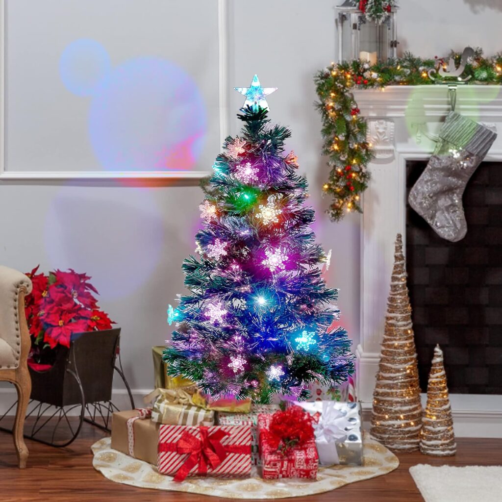 Juegoal 6 ft Pre-Lit Optical Fiber Christmas Artificial Tree, with LED RGB Color Changing Led Lights, Snowflakes and Top Star, Festive Party Holiday Fake Multicolored Xmas Tree with Durable Metal Legs