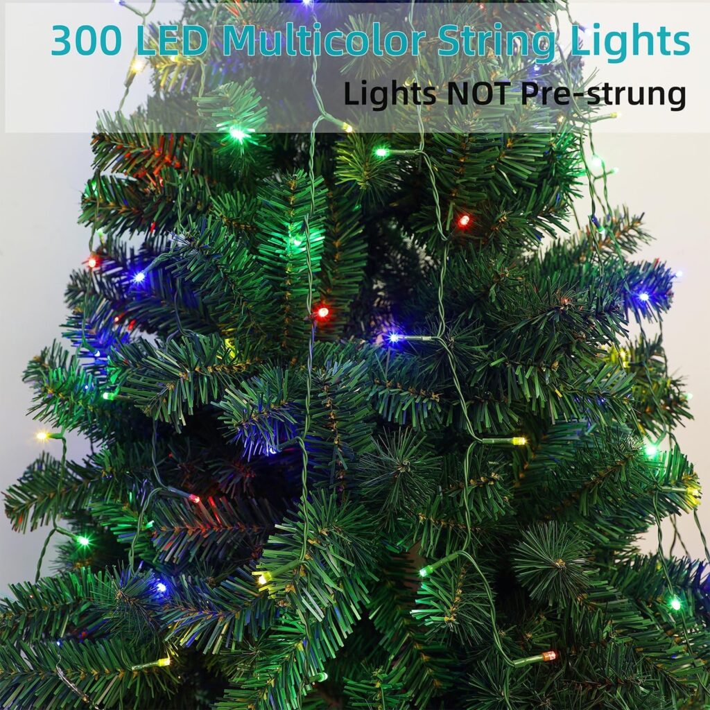 Juegoal 7.5 Foot Artificial Christmas Tree Upgrade with 360 LED Warm White String Lights (NOT Pre-Strung), 8 Lighting Modes Fake Xmas Tree with Durable Metal Legs, 1350 Tips, Green