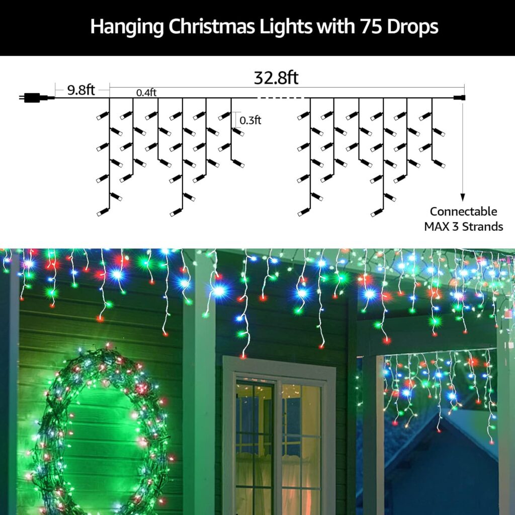 KiflyTooin Led Christmas Lights Outdoor Christmas Decorations Hanging Lights 400LED 8 Modes 75 Drops, Outdoor Indoor Fairy String Lights for Christmas Party, Holiday, Wedding Decorations (Cool White)