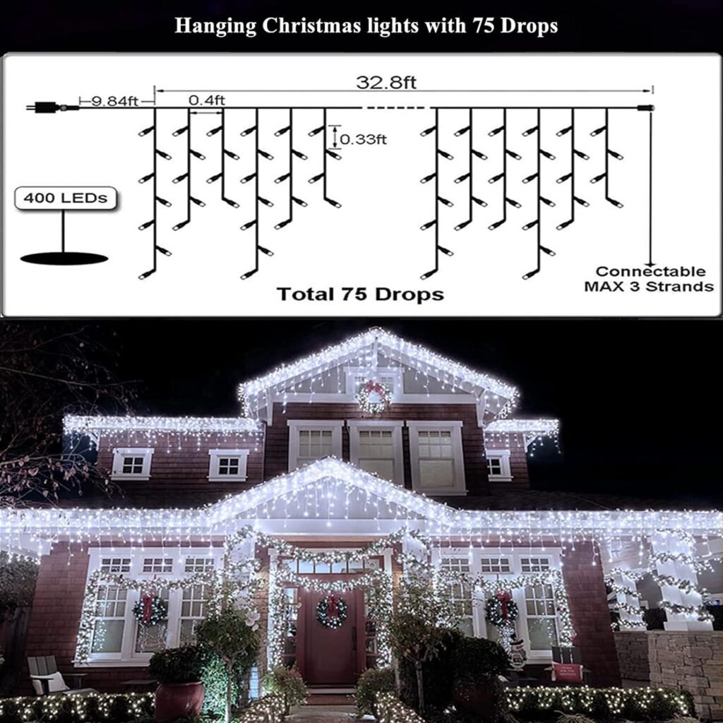 KiflyTooin Led Christmas Lights Outdoor Christmas Decorations Hanging Lights 400LED 8 Modes 75 Drops, Outdoor Indoor Fairy String Lights for Christmas Party, Holiday, Wedding Decorations (Cool White)