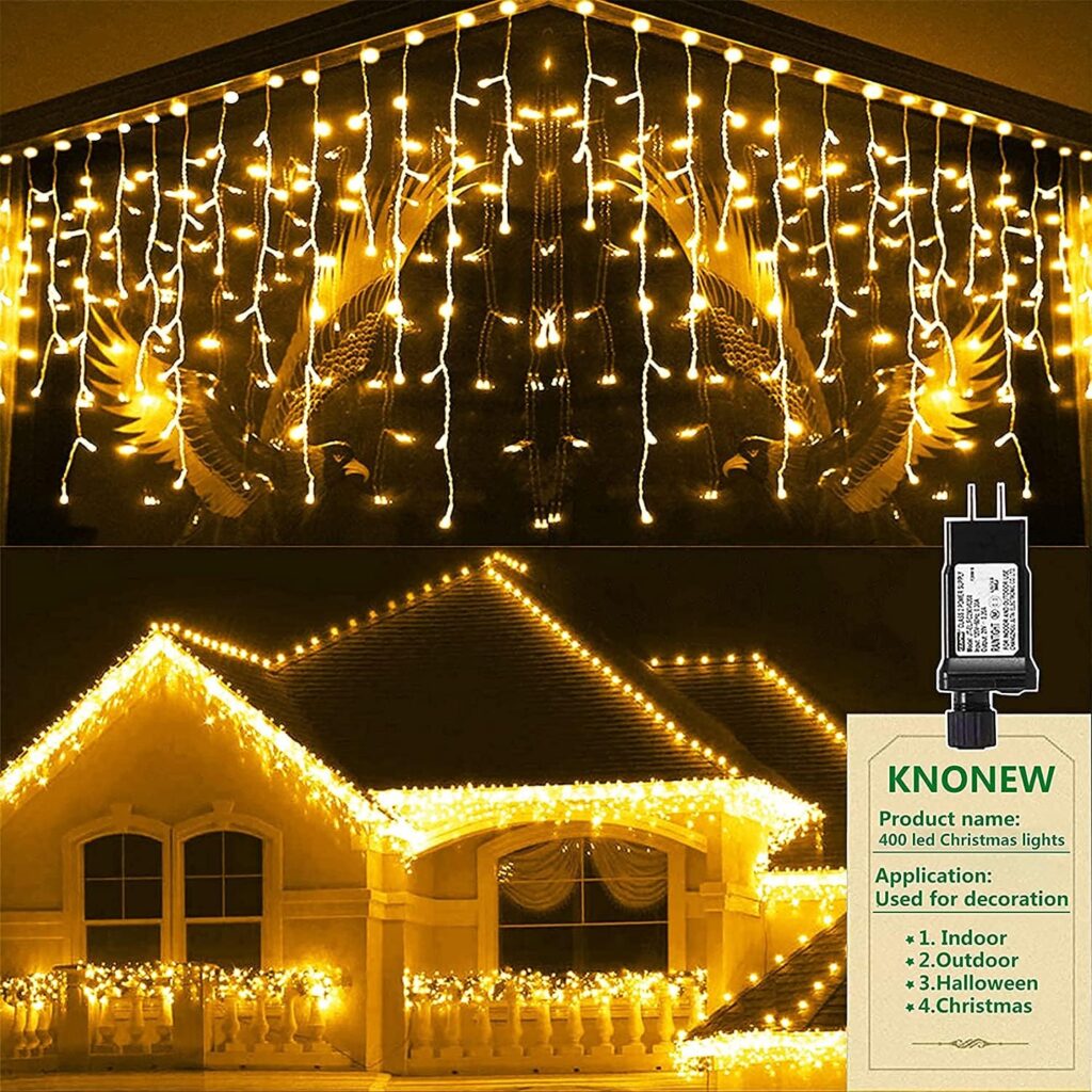 KNONEW Christmas Lights Outdoor Decorations 400 LED 33ft 8 Modes Curtain Fairy String Light with 75 Drops, Clear Wire LED String Light Indoor Decor for Wedding Party Christmas Decorations Warm White