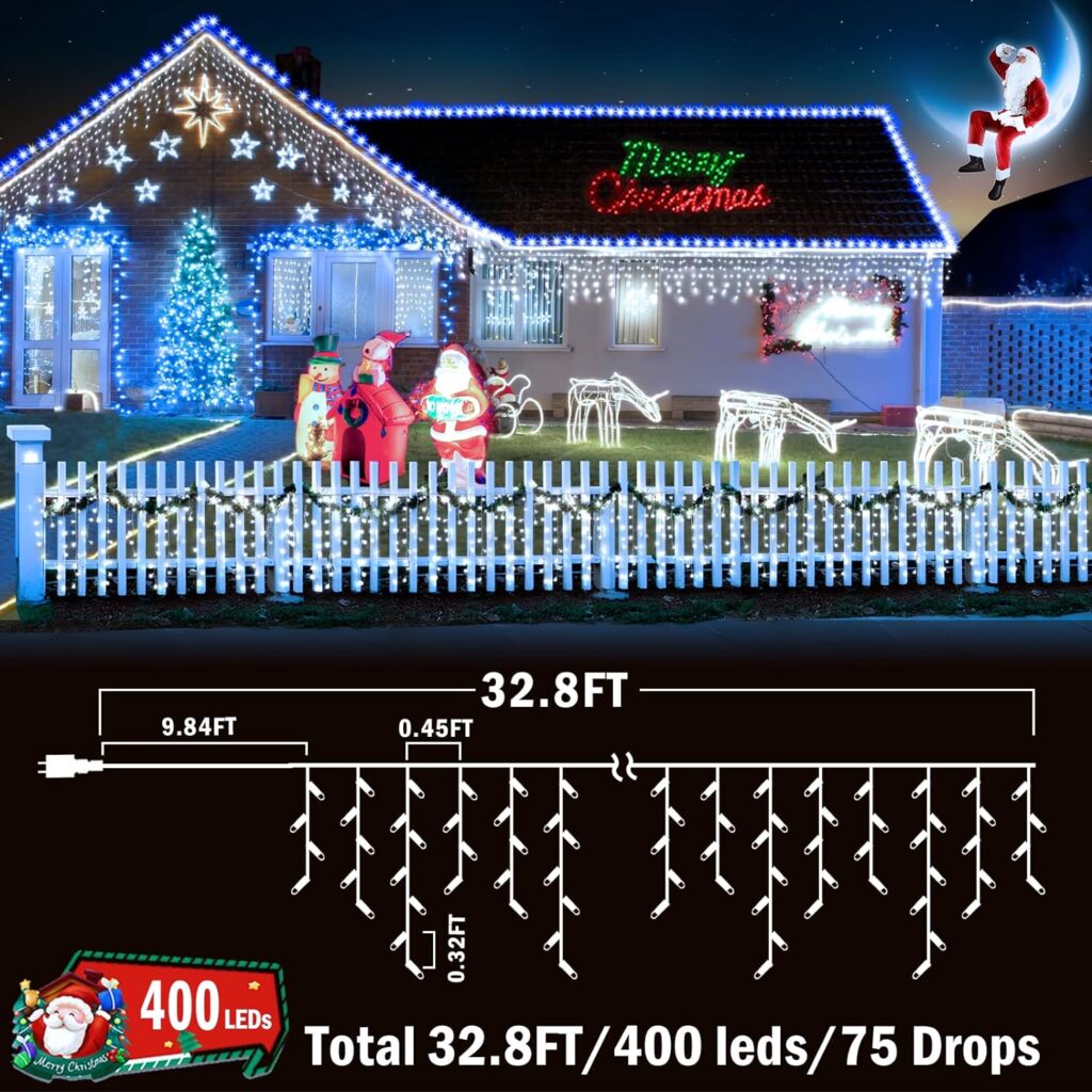 KNONEW Christmas Lights Outdoor Decorations 400 LED 33ft 8 Modes Curtain Fairy String Light with 75 Drops, Clear Wire LED String Light Indoor Decor for Wedding Party Christmas Decorations Warm White