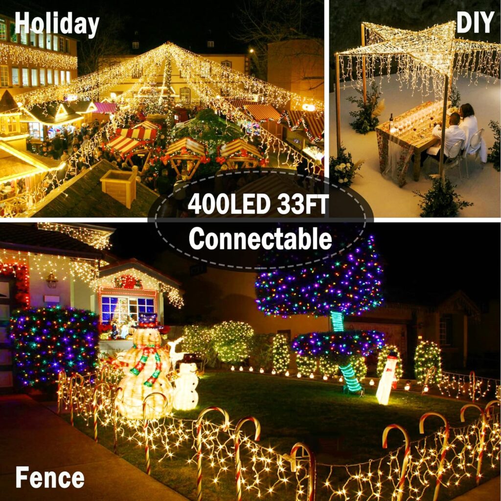 KNONEW Christmas Lights Outdoor Decorations 400 LED 33ft 8 Modes Curtain Fairy String Light with 75 Drops, Clear Wire LED String Light Indoor Decor for Wedding Party Christmas Decorations Warm White