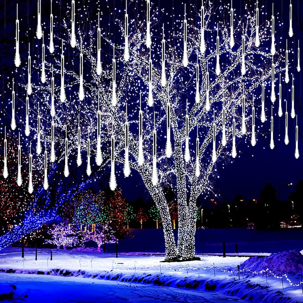 Kwaiffeo Christmas Lights Outdoor, Meteor Shower Lights Falling Rain Lights 12 inch 8 Tube 192 LED Snow Falling Icicle Cascading Lights for Xmas Tree Halloween Decoration Wedding Party, UL Plug, White