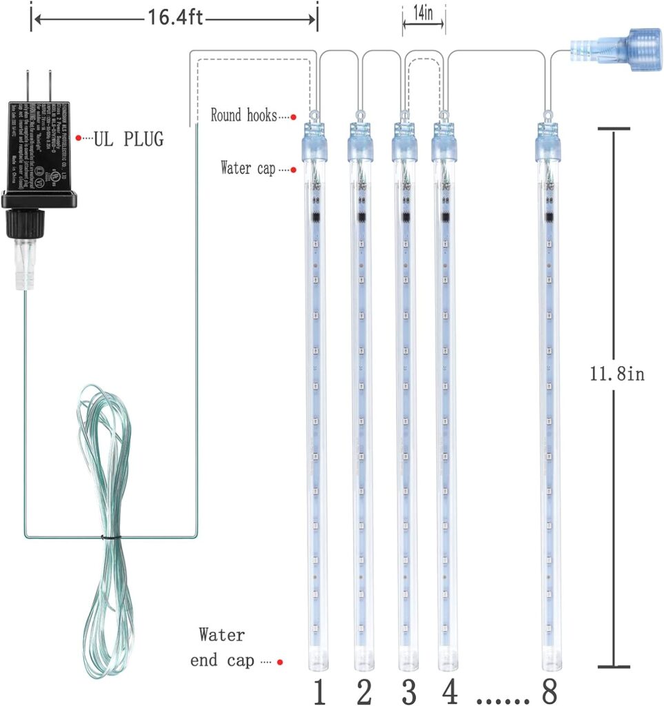 Kwaiffeo Christmas Lights Outdoor, Meteor Shower Lights Falling Rain Lights 12 inch 8 Tube 192 LED Snow Falling Icicle Cascading Lights for Xmas Tree Halloween Decoration Wedding Party, UL Plug, White