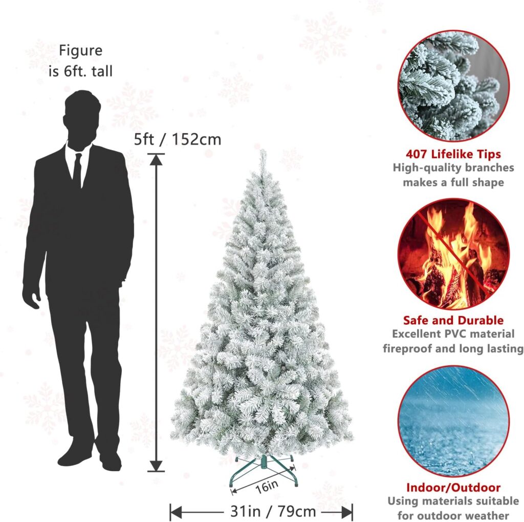 leheyhey 5ft Snow Flocked Artificial Christmas Tree Holiday Xmas White Tree for Home Office Holiday Party Indoor Outdoor Decoration Full Christmas Tree with 407 Branch Tips and Metal Foldable Stand