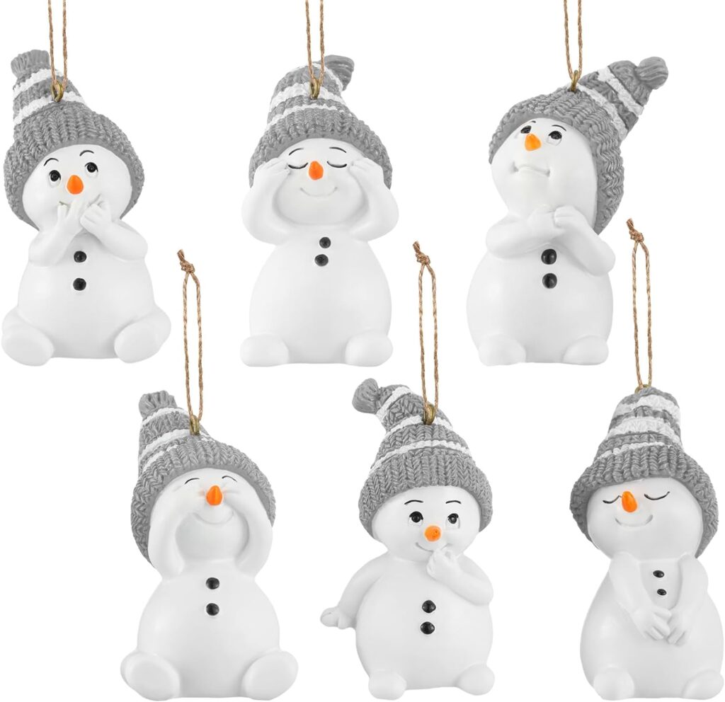 Lyrow 6 Packs Resin Snowman Christmas Ornament with Various Animated Faces Christmas Tree Hanging Decorations, Party Decors for Gift Holiday Stocking Stuffers Tree Wreath Mantel Garland Decor (Gray)