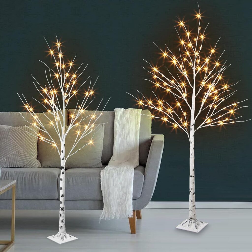 PEIDUO Christmas Decorations, 2FT Birch Tree with LED Lights, Warm White Light up Tree Lamp, Fairy Light Spirit Tree for Xmas Indoor Home Table Fireplace Decor, Battery Powered, 6H/18H Timer (2PK)