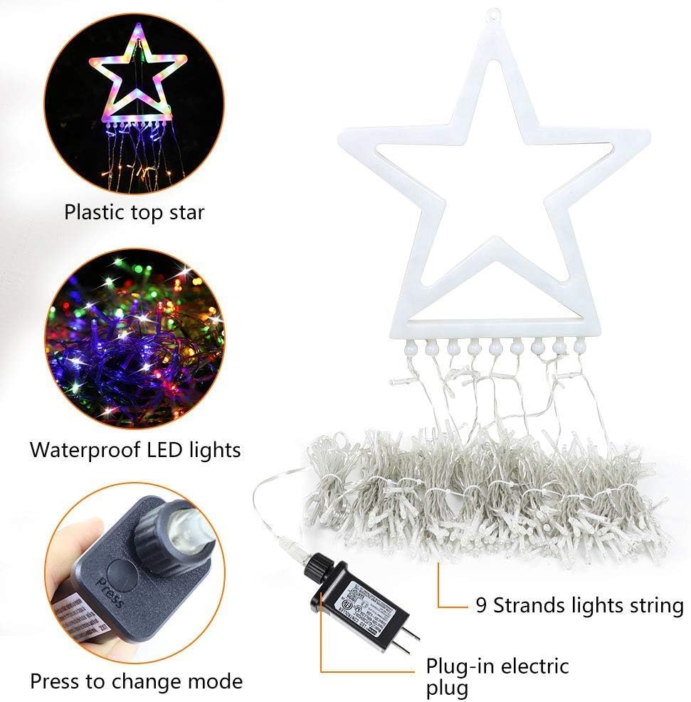 PUHONG Christmas Decoration Outdoor Star String Lights,16.4Ft Christmas Tree Toppers Lights 320 LED 8 Memory Modes with 14 Lighted Star for Halloween Christmas New Year Holiday Birthday