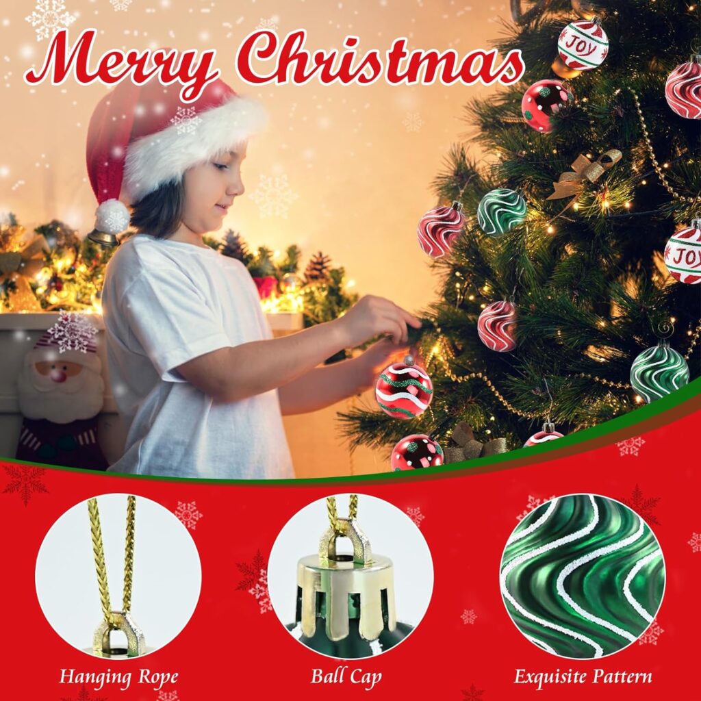 pyntop 30 PCS Christmas Balls Ornaments, 2.36 Red Green White Christmas Balls, Shatterproof Xmas Balls Decoration for Christmas Tree, Painting  Glittering Christmas Hanging Ball for Party Event