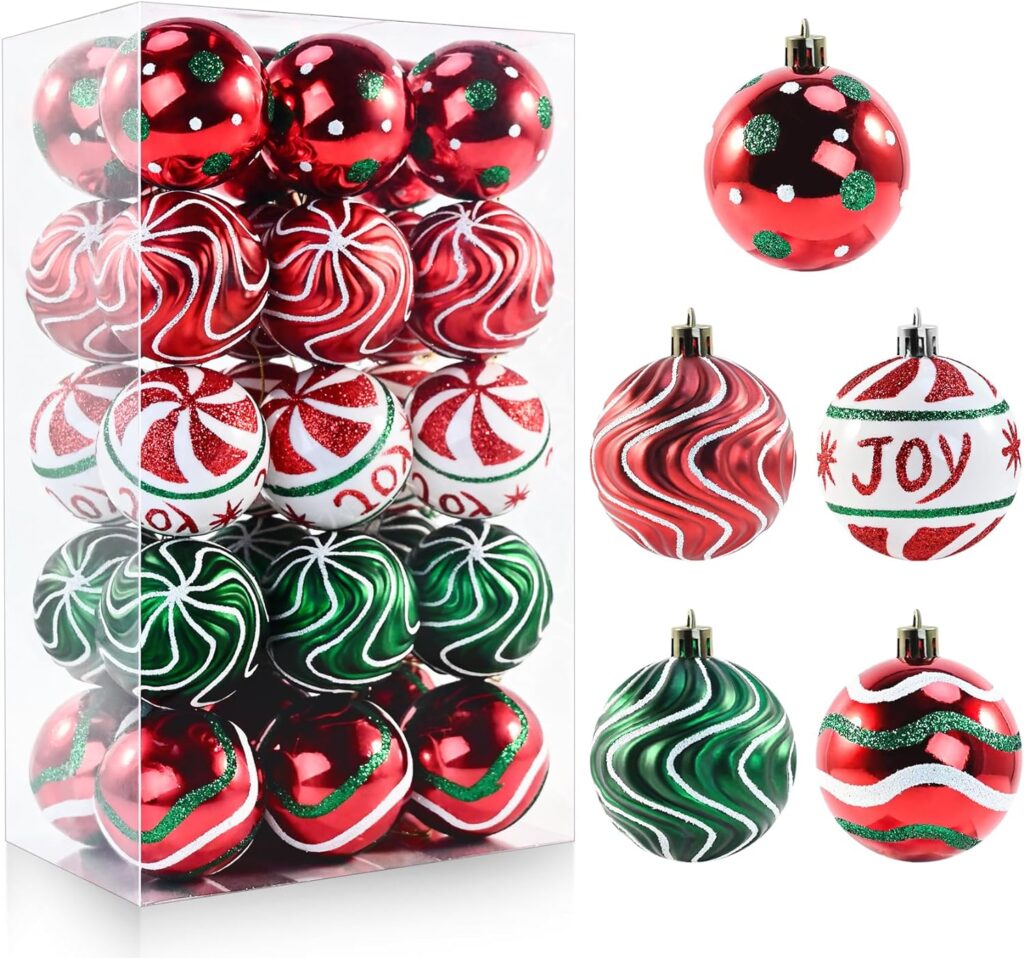 pyntop 30 PCS Christmas Balls Ornaments, 2.36 Red Green White Christmas Balls, Shatterproof Xmas Balls Decoration for Christmas Tree, Painting  Glittering Christmas Hanging Ball for Party Event