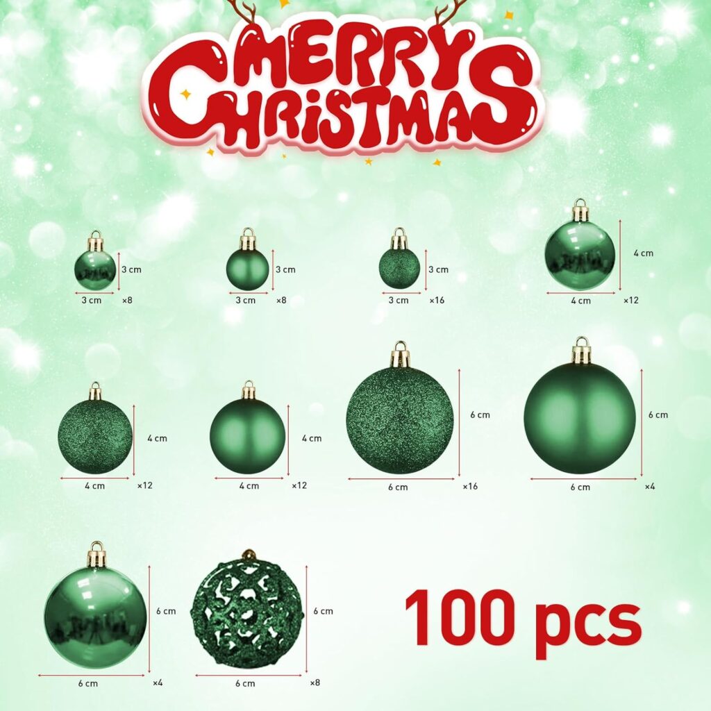 REBELLA 100-Pack Christmas Ball Ornaments, Shatterproof Christmas Ornaments Set, Xmas Seasonal Decorative Pendants for Christmas Tree Party Holiday Indoor Outdoor Decor (Green)