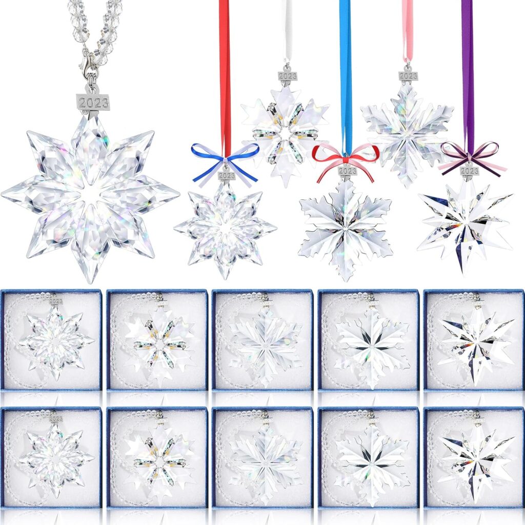 Roowest 16 Pack Christmas 2023 Snowflake Crystal Ornaments Clear Decorative Hanging Ornaments Crystal Snowflake Pendant Decoration with Colorful Ribbons Gift Boxes for Xmas Party Tree Decor (Mixed)