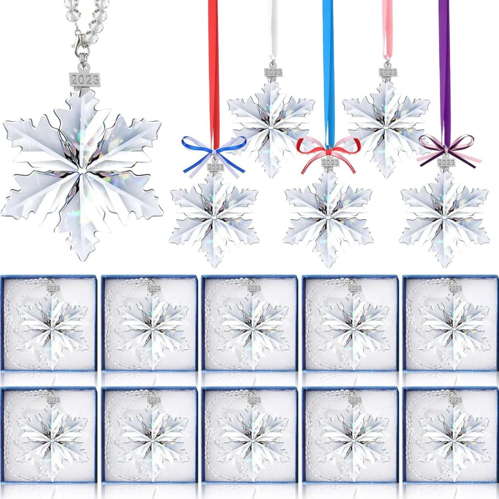 Roowest 16 Pack Christmas 2023 Snowflake Crystal Ornaments Clear Decorative Hanging Ornaments Crystal Snowflake Pendant Decoration with Colorful Ribbons Gift Boxes for Xmas Party Tree Decor (Mixed)