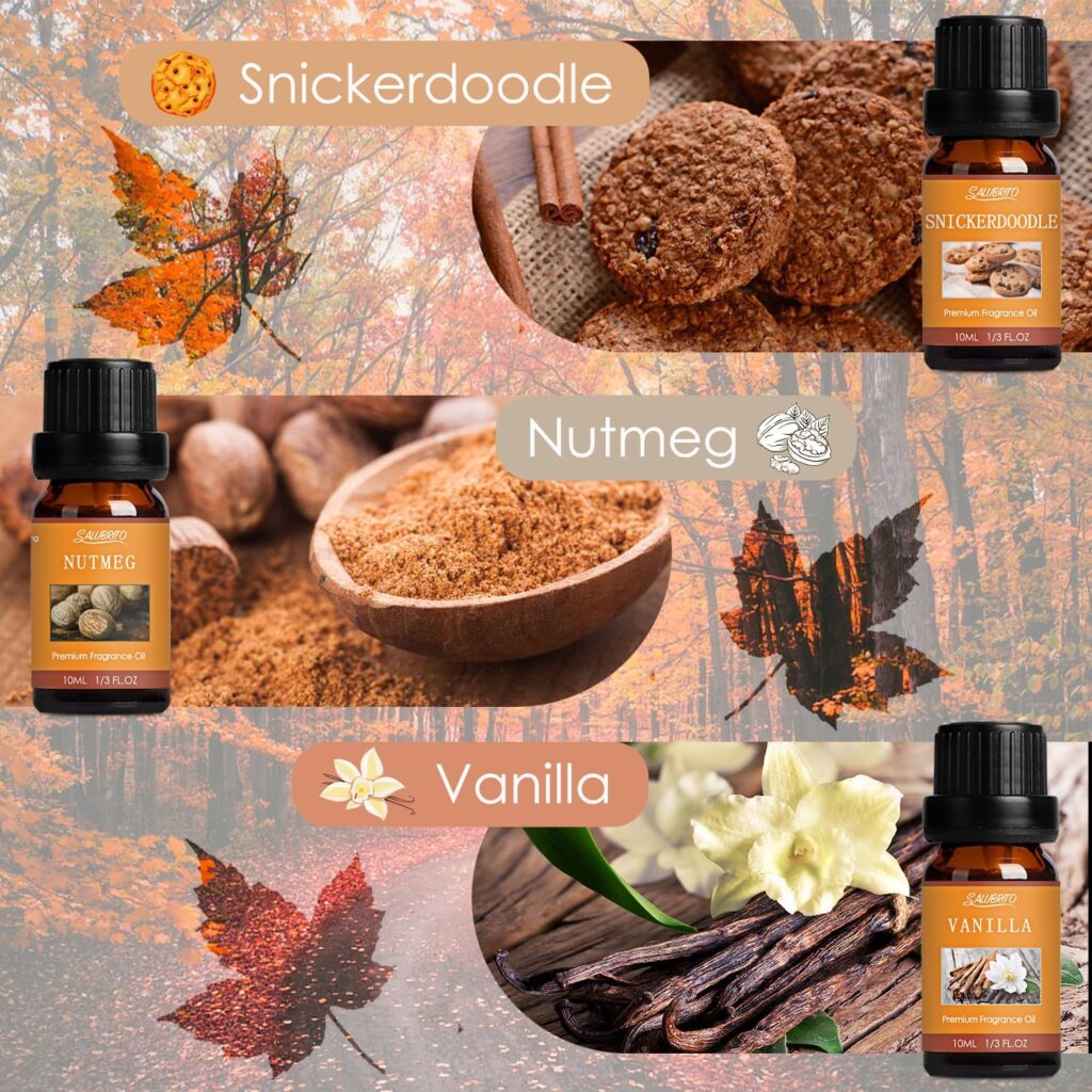 SALUBRITO Fall Essential Oils Set, Autumn Fragrance Oil for Diffuser, Candle Making, Aromatherapy Oils Gift - Cinnamon, Pumpkin Spice, Vanilla, Snickerdoodle, Spiced Cider, Nutmeg, 6x10ml