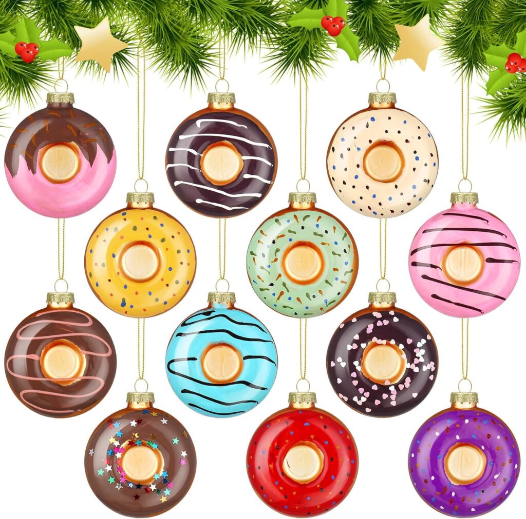 Soaoo 12 Pcs Christmas Donut Glass Ornaments Christmas Tree Donut Hanging Ornaments Mini Glass Donut Dessert Ornament Set for Xmas Tree Pendant Home Birthday Party Decoration,12 Style