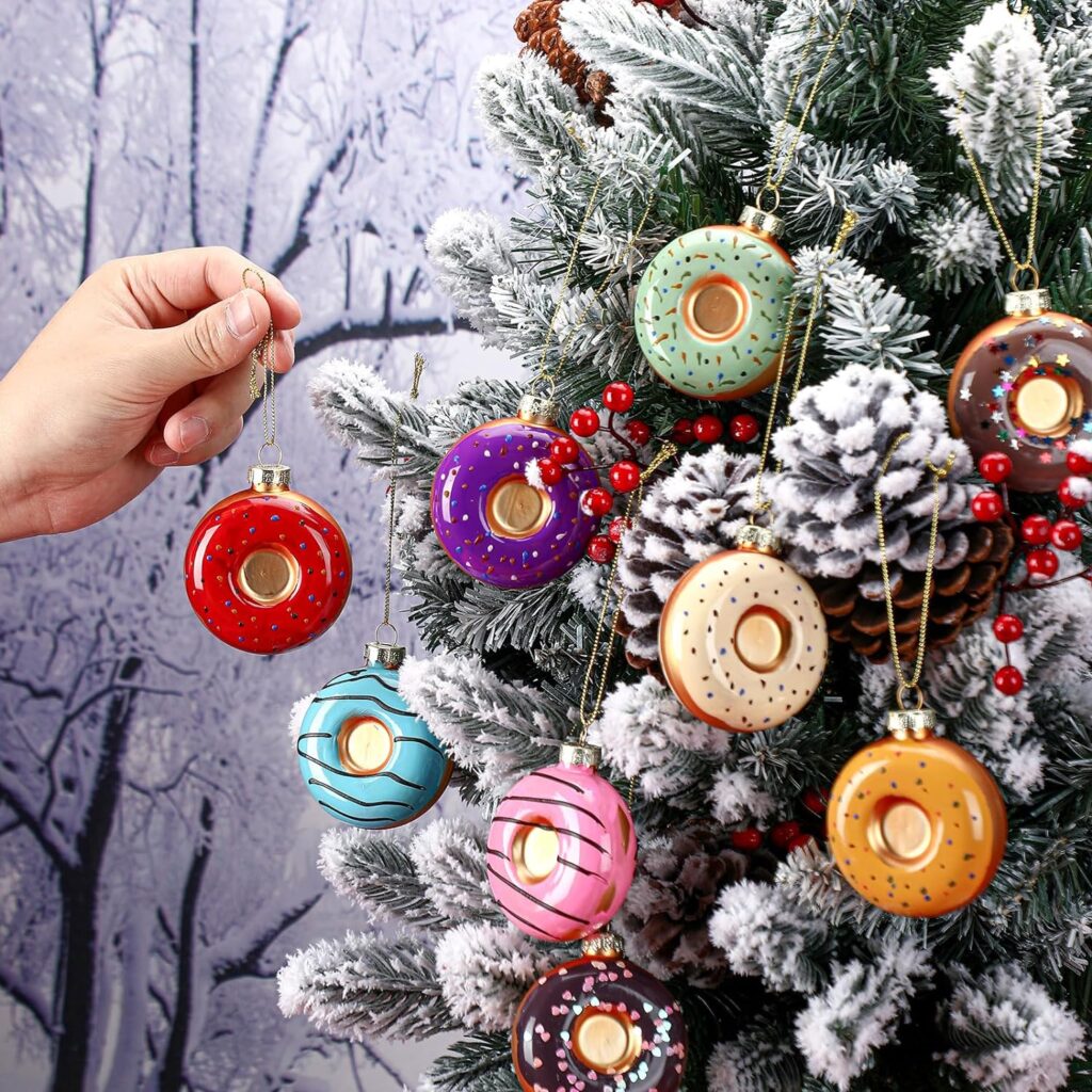 Soaoo 12 Pcs Christmas Donut Glass Ornaments Christmas Tree Donut Hanging Ornaments Mini Glass Donut Dessert Ornament Set for Xmas Tree Pendant Home Birthday Party Decoration,12 Style