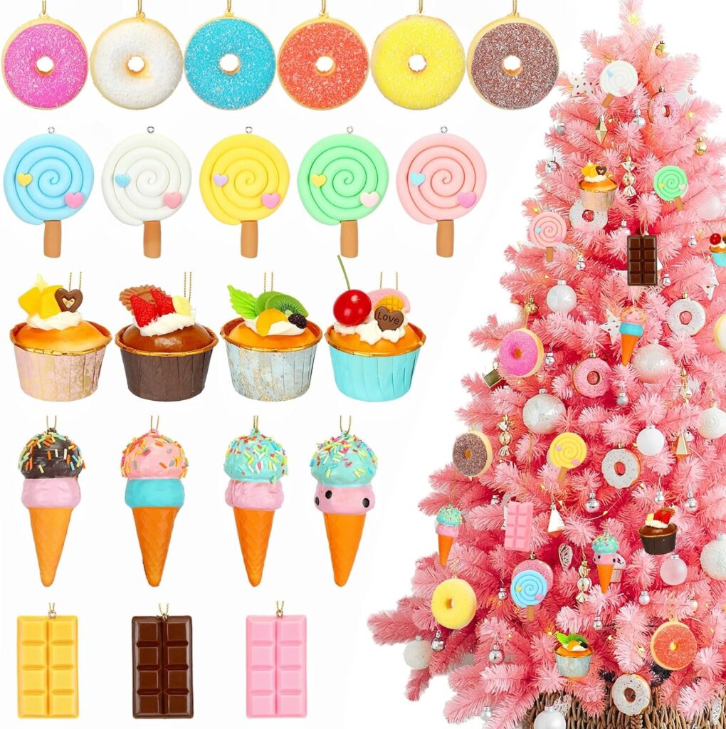 Unittype 22 Pieces Christmas Tree Ornaments Set Donuts Lollipop Cupcake Dessert Hanging Ornaments Ice Cream Chocolate Christmas Tree Decoration Xmas Hanging Charms Pendants Accessories,5 Styles