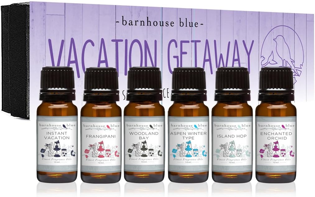 Vacation Getaway Premium Grade Fragrance Oil - Gift Set 6/10ml Bottles - Island Hop, Instant Vacation, Aspen Winter, Woodland Bay, Enchanted Orchid, Frangipani