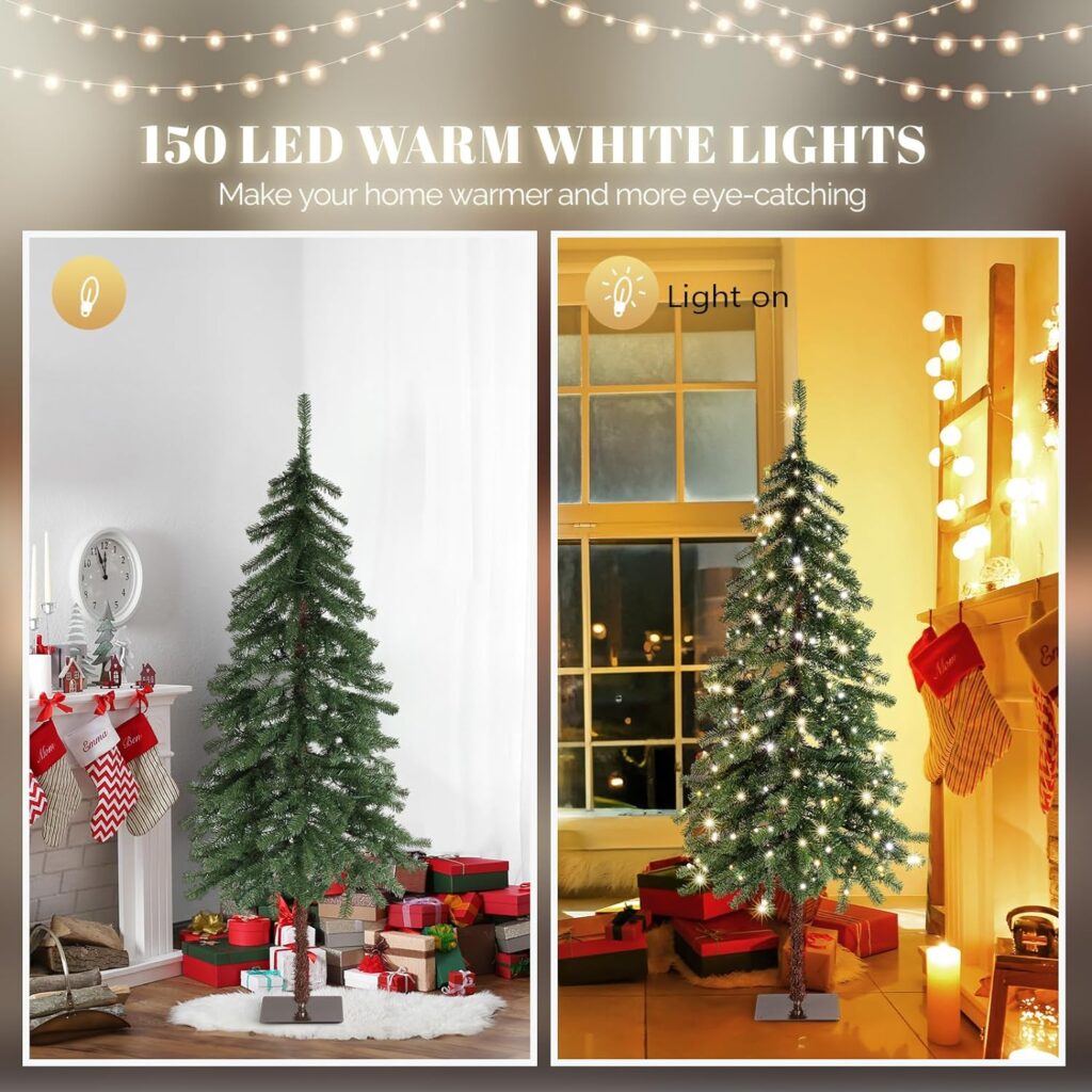 VINGLI 5ft Pre-lit Artificial Christmas Tree with Warm White LED Light, Slim Xmas Tree with 230 Realistic Branch Tips for Home, Office, Party Decoration Indoor Outdoor