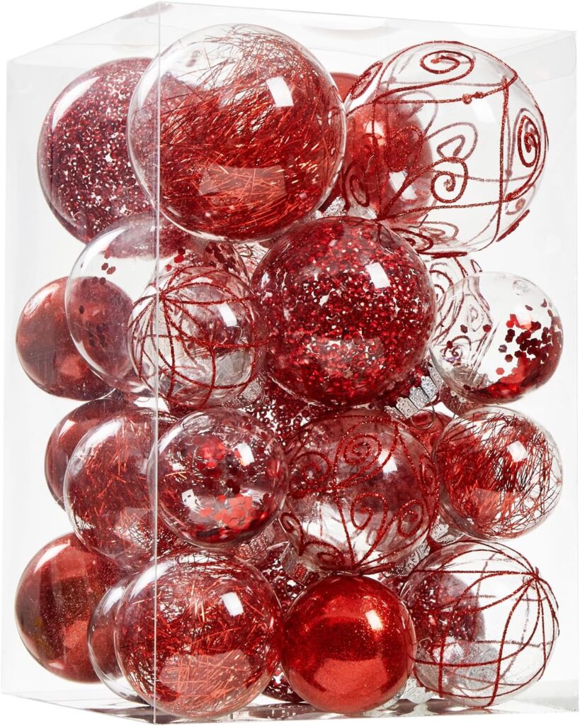 Wironlst Christmas Ball Ornaments Shatterproof Clear Large Plastic Hanging Ball Decorative Baubles Set with Stuffed Delicate Decorations (Multi-Size, Red)