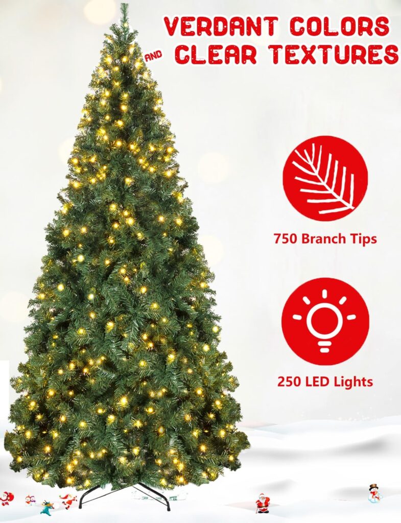 YouMedi 6.5ft Pre-Lit Artificial Holiday Christmas Spruce Tree with Lights - Premium Hinged Tree for Home, Office, Party Decoration - Metal Hinges  Foldable Base