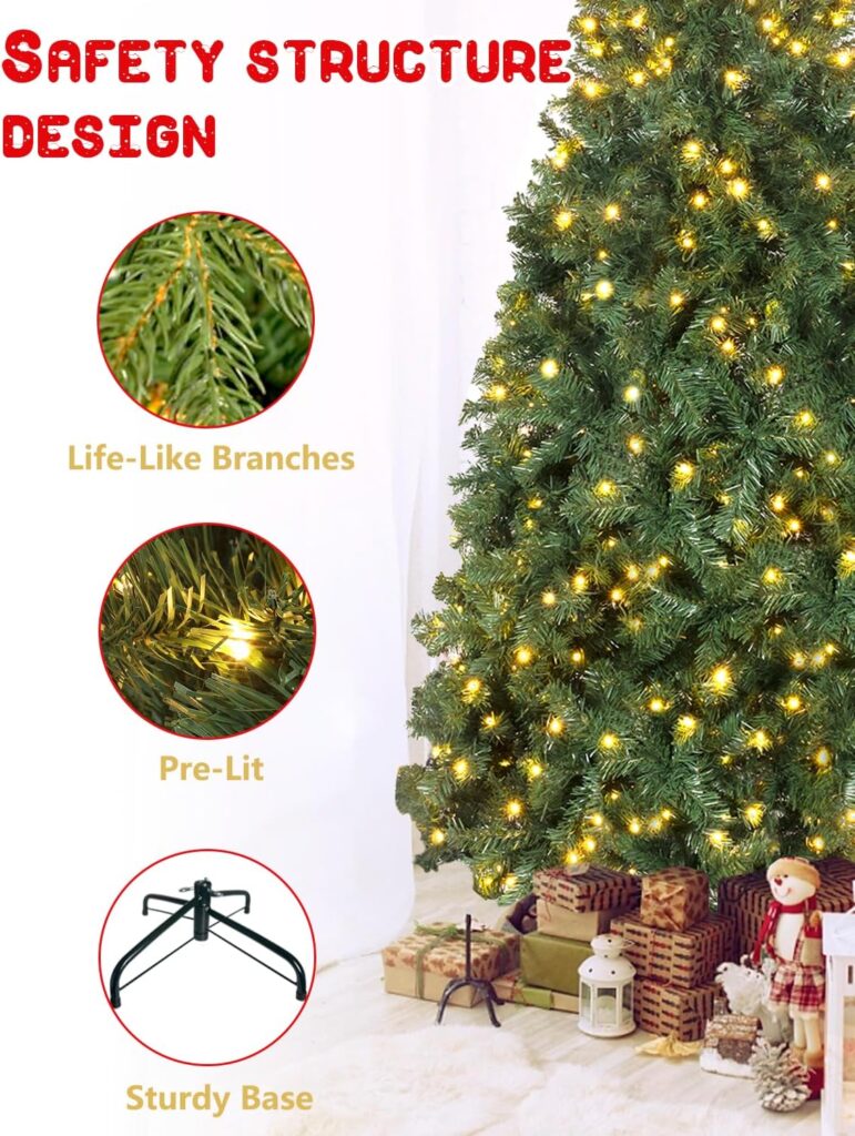 YouMedi 6.5ft Pre-Lit Artificial Holiday Christmas Spruce Tree with Lights - Premium Hinged Tree for Home, Office, Party Decoration - Metal Hinges  Foldable Base