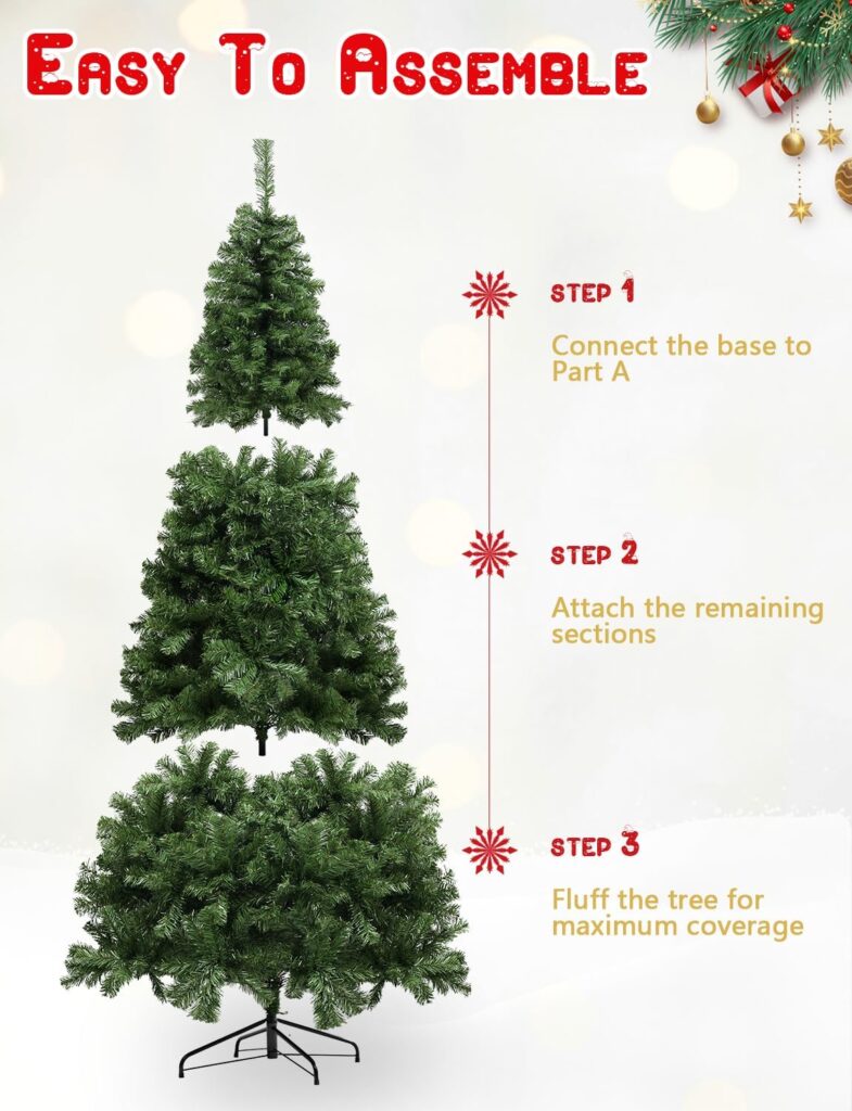 YouMedi 6.5ft Pre-Lit Artificial Holiday Christmas Spruce Tree with Lights - Premium Hinged Tree for Home, Office, Party Decoration - Metal Hinges  Foldable Base